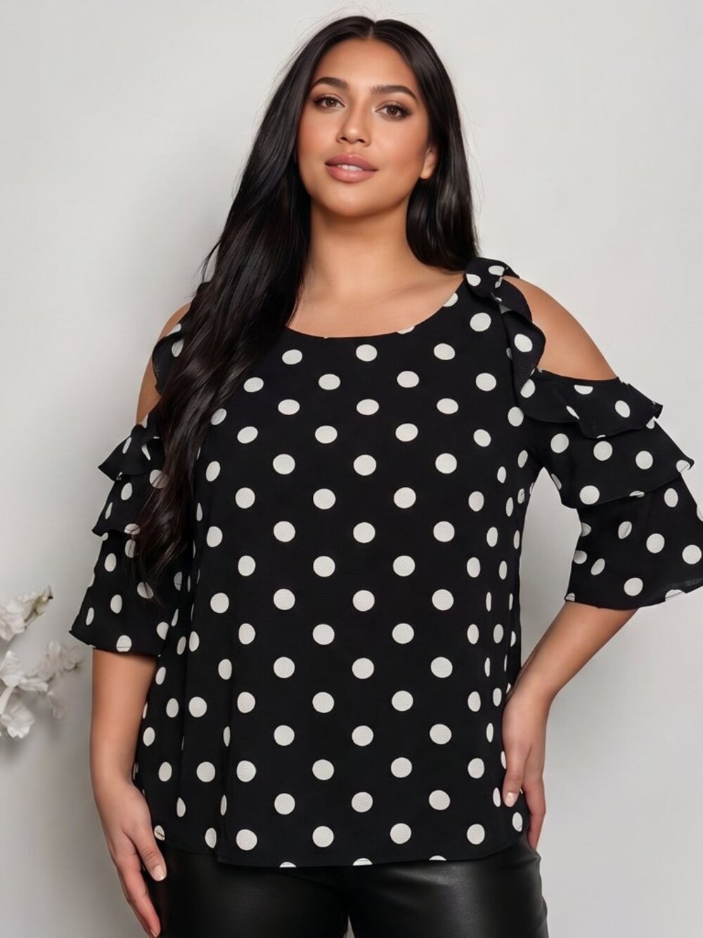 Umgee Polka Dot Cold Shoulder Ruffle Sleeve